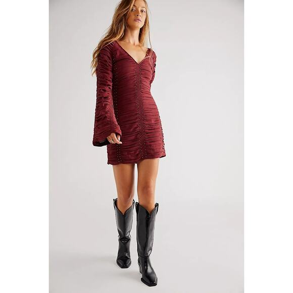 New FREE PEOPLE Western Romance Long Sleeve Mini Dress  $448 X-SMALL Red - Picture 1 of 6